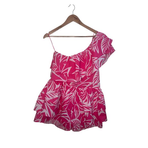 Azura Pink Tropical One Shoulder Ruffle Romper with pockets– Size L - Picture 11 of 14